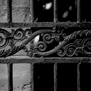 Partie centrale travaillée en volutes d'une grille en fer forgé en noir et blanc - France  - collection de photos clin d'oeil, catégorie clindoeil